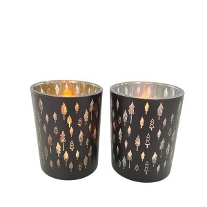 Glas Windlicht Set, Bäumchen, 2tlg., schwarz-gold-silber