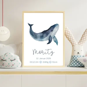 Geburtsposter mit Wal – personalisiertes Babybild mit Namen & Geburtsdaten – maritime Kinderzimmerdeko A4/A3 – Geschenk zur Geburt